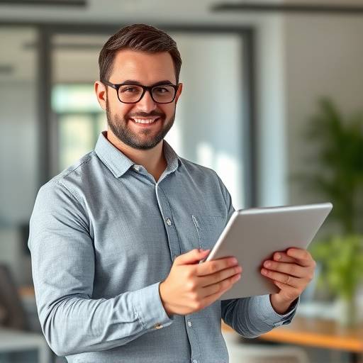 Tiago Ribeiro, co-fundador da TecnoFix Lisboa, com um tablet na m&atilde;o num ambiente de escrit&oacute;rio.