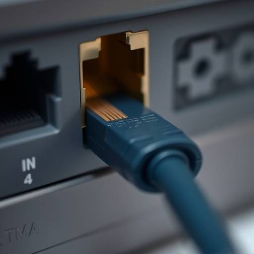 Um close-up de um cabo de rede Ethernet a ser conectado a uma porta de router